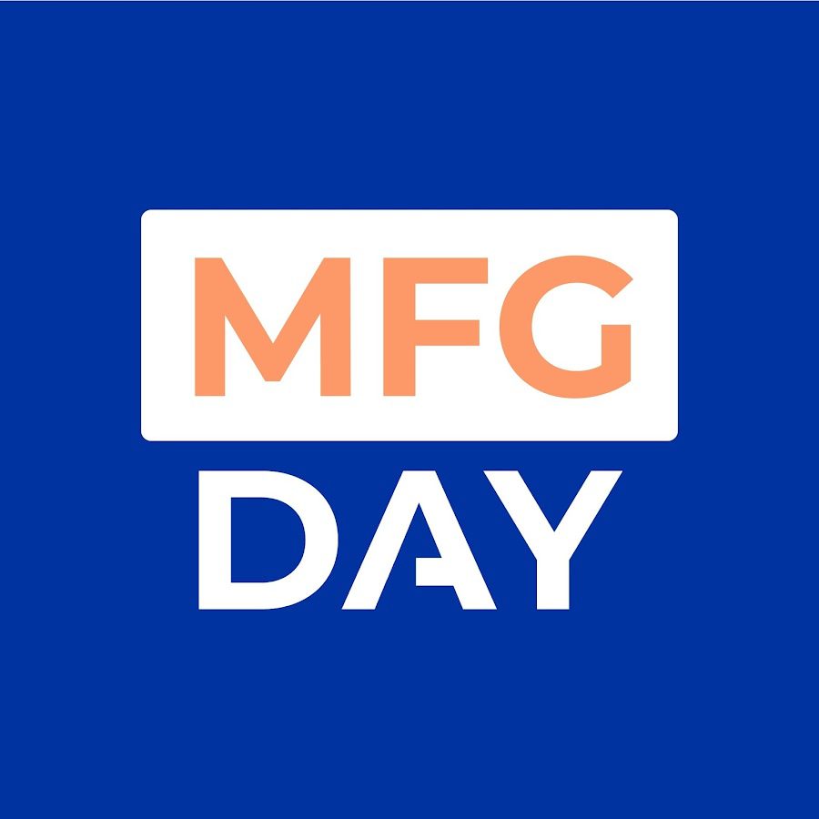 A blue background with the words mfg day written in white.